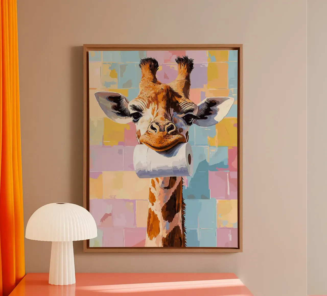 Giraffe met wc-rol canvas met Baklijst van Sabine Klein