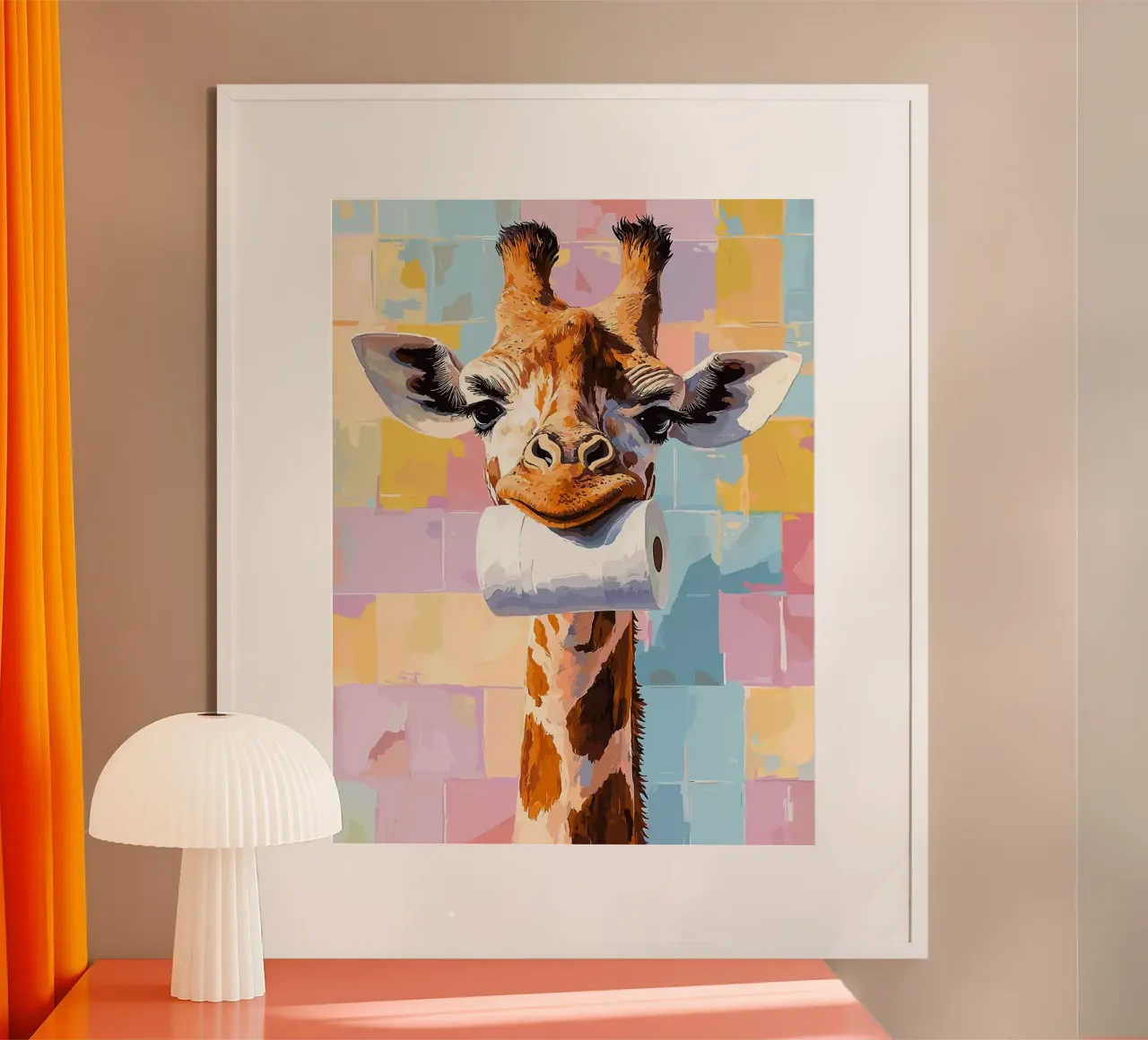 Giraffe met wc-rol poster van Sabine Klein