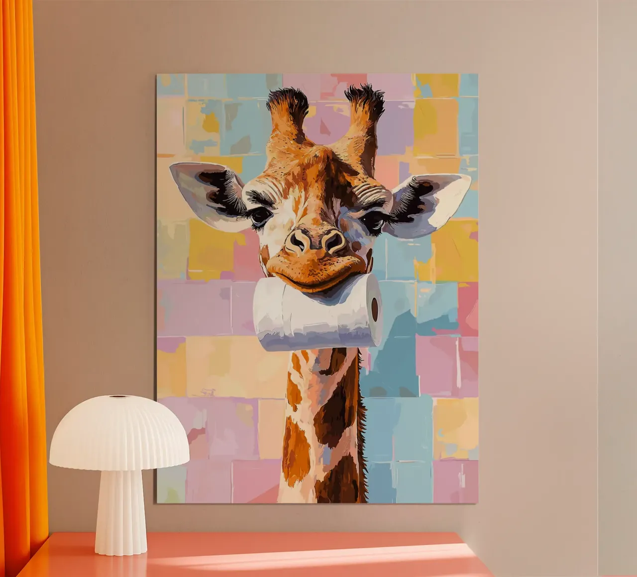 Giraffe met wc-rol poster van Sabine Klein