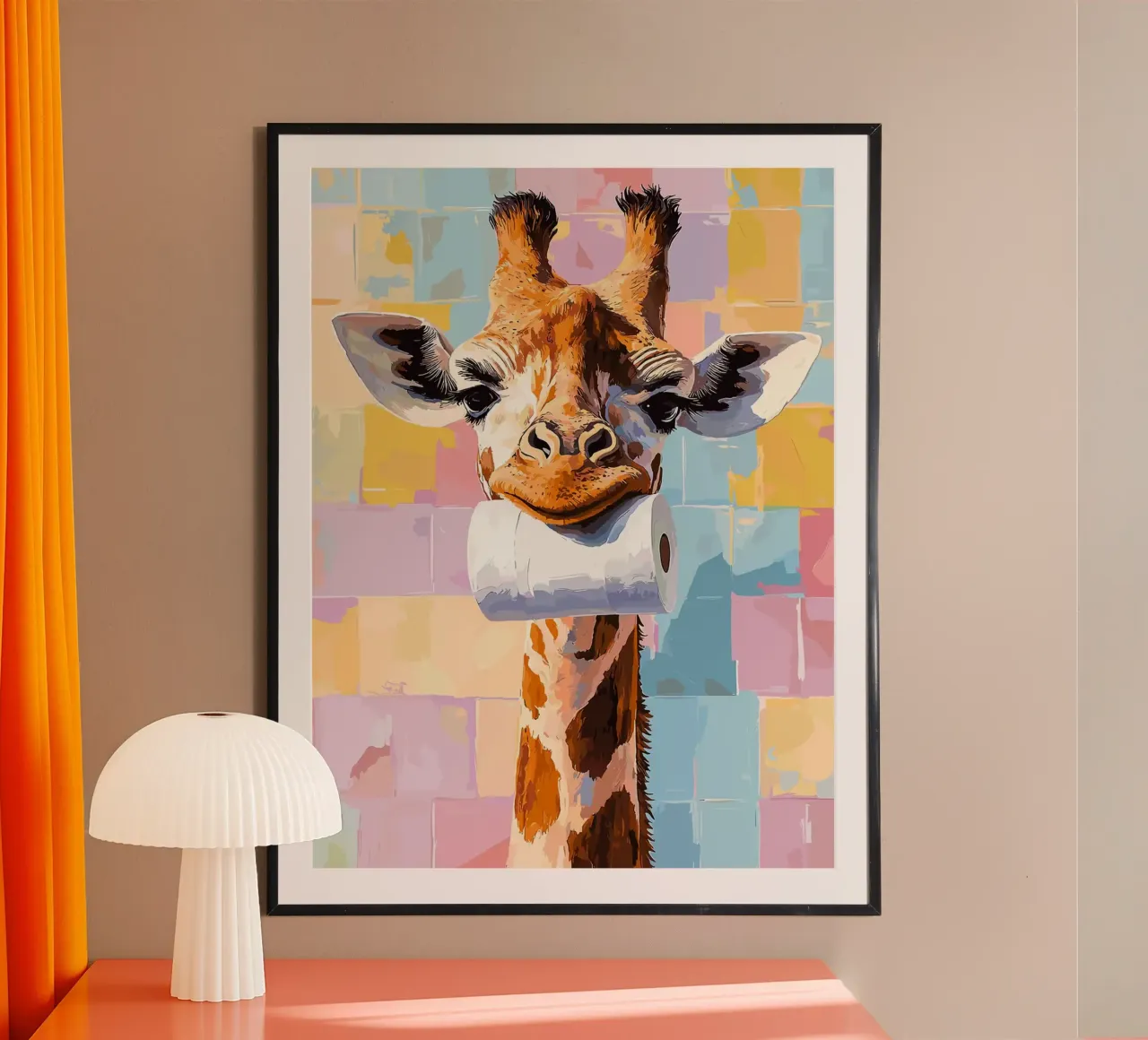 Giraffe met wc-rol poster van Sabine Klein