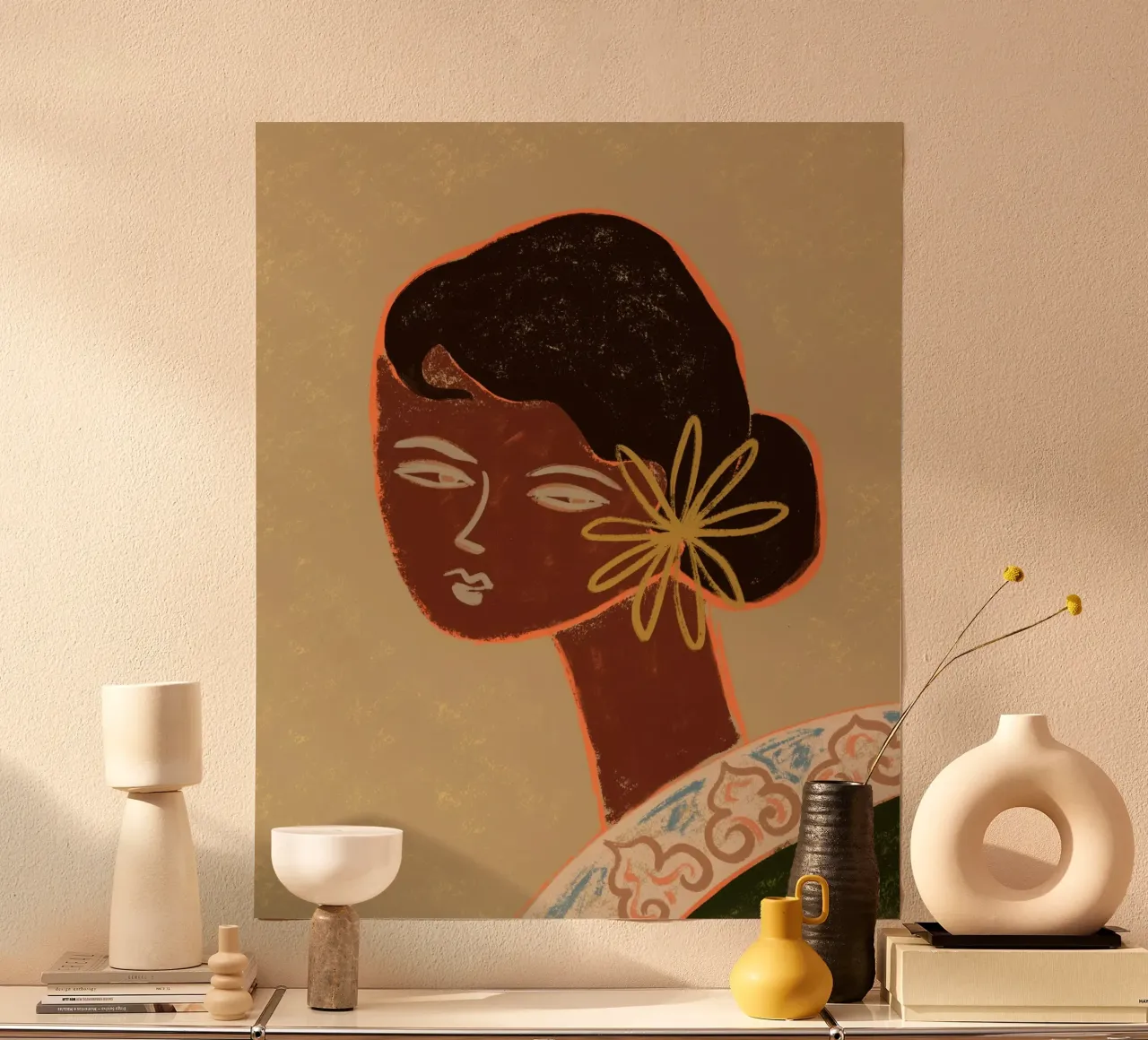 The Lady In Green poster con telaio in alluminio da Arty Guava