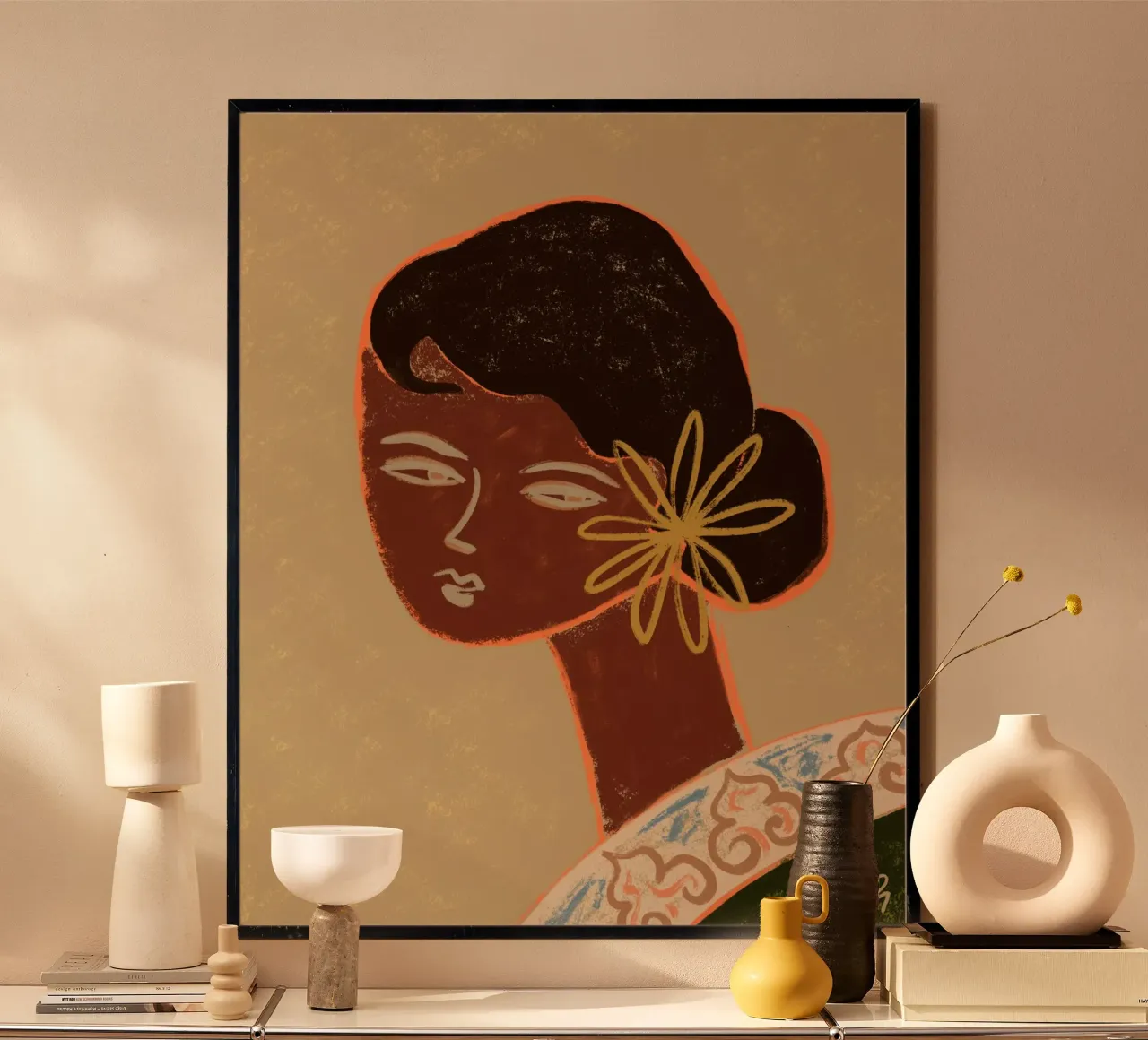The Lady In Green poster con telaio in alluminio da Arty Guava
