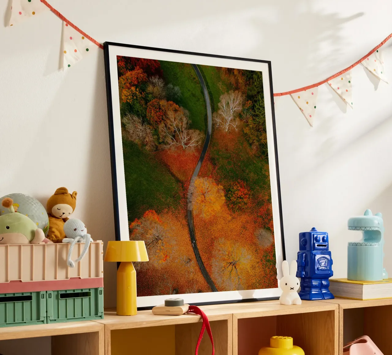 curve road in blossom forest poster con telaio in plastica da Good days