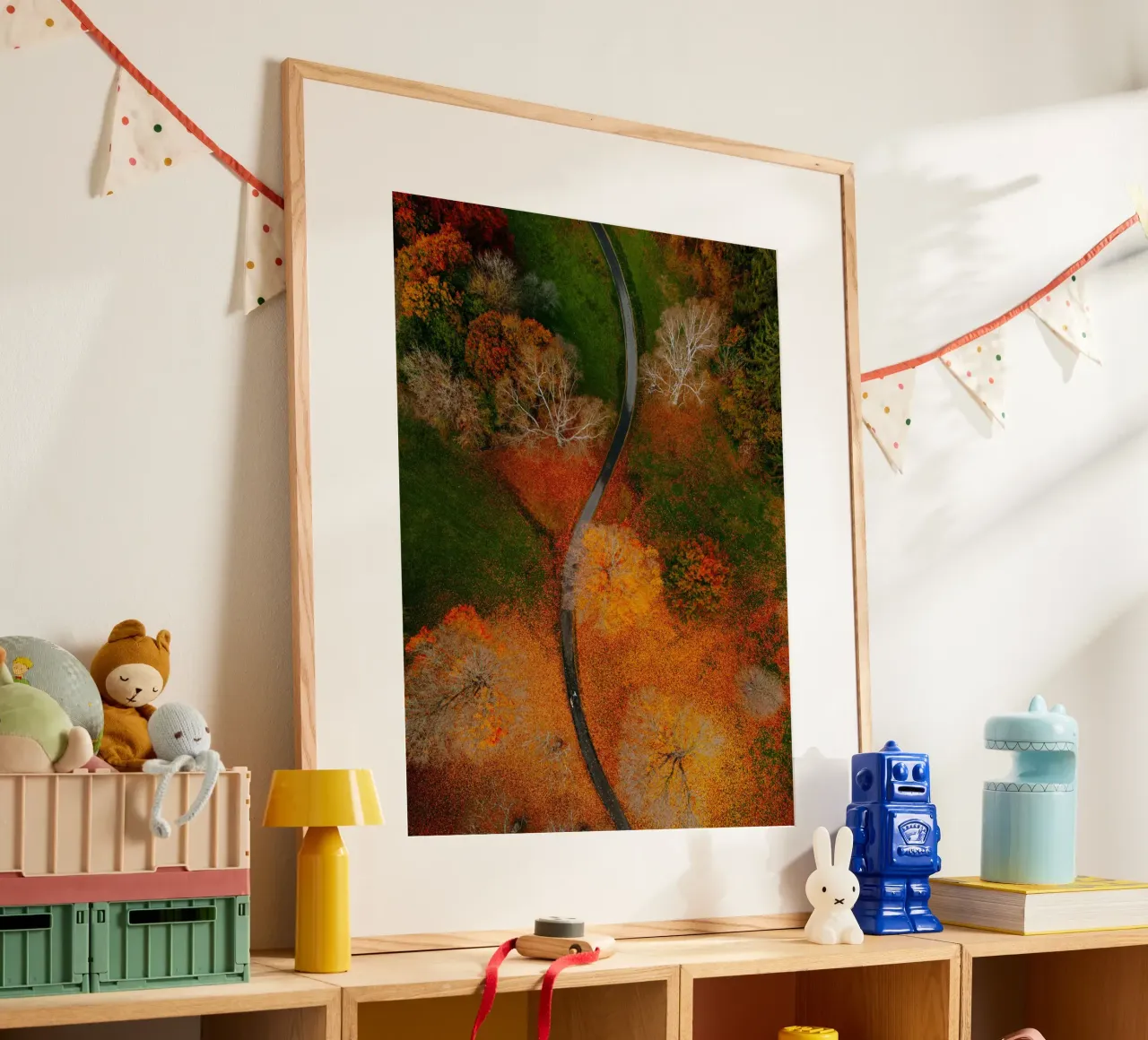 curve road in blossom forest poster con telaio in plastica da Good days