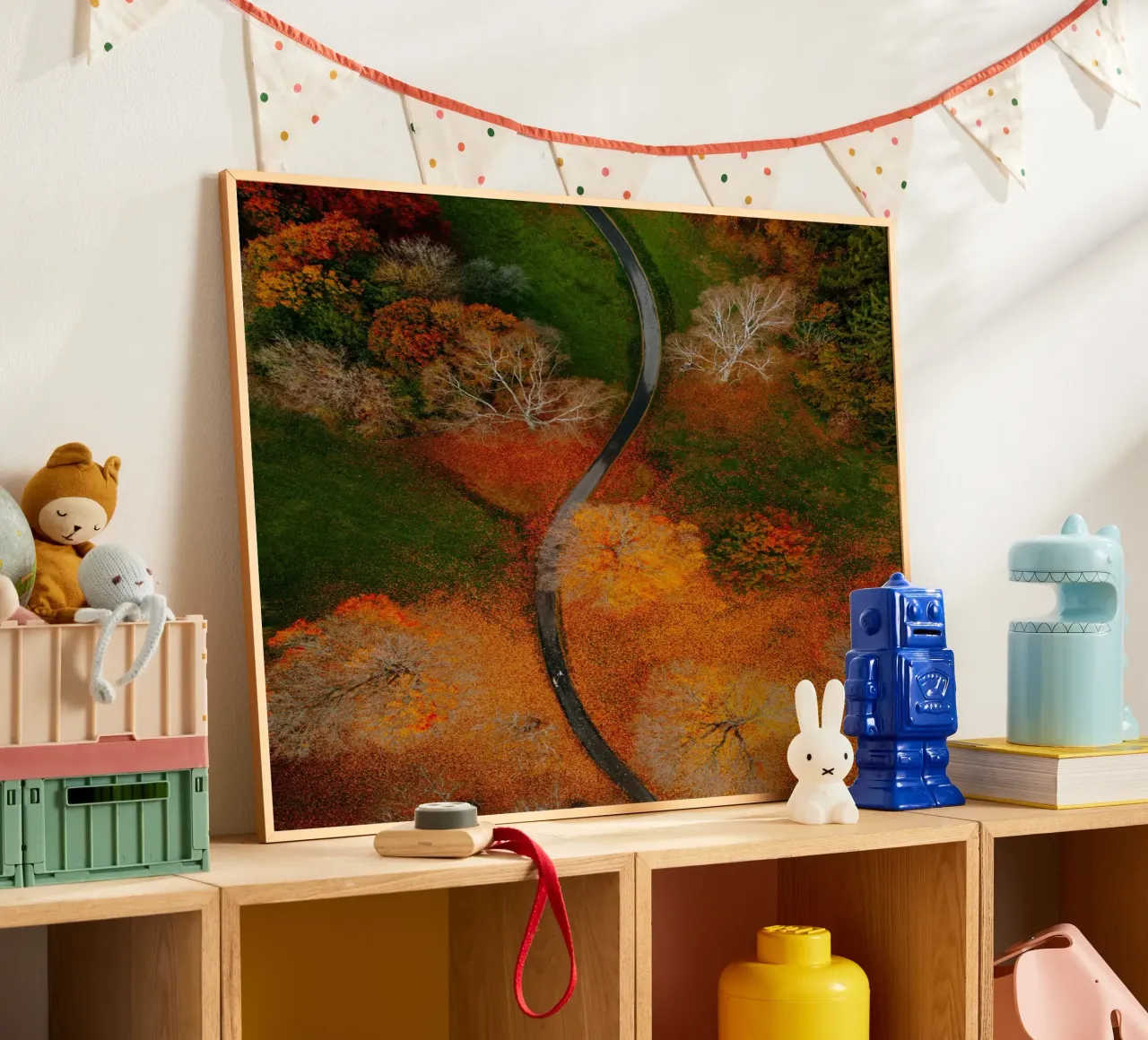curve road in blossom forest poster con telaio in plastica da Good days
