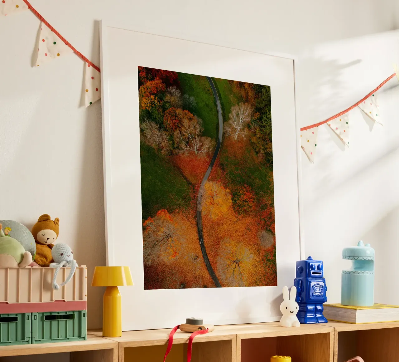 curve road in blossom forest poster con telaio in plastica da Good days