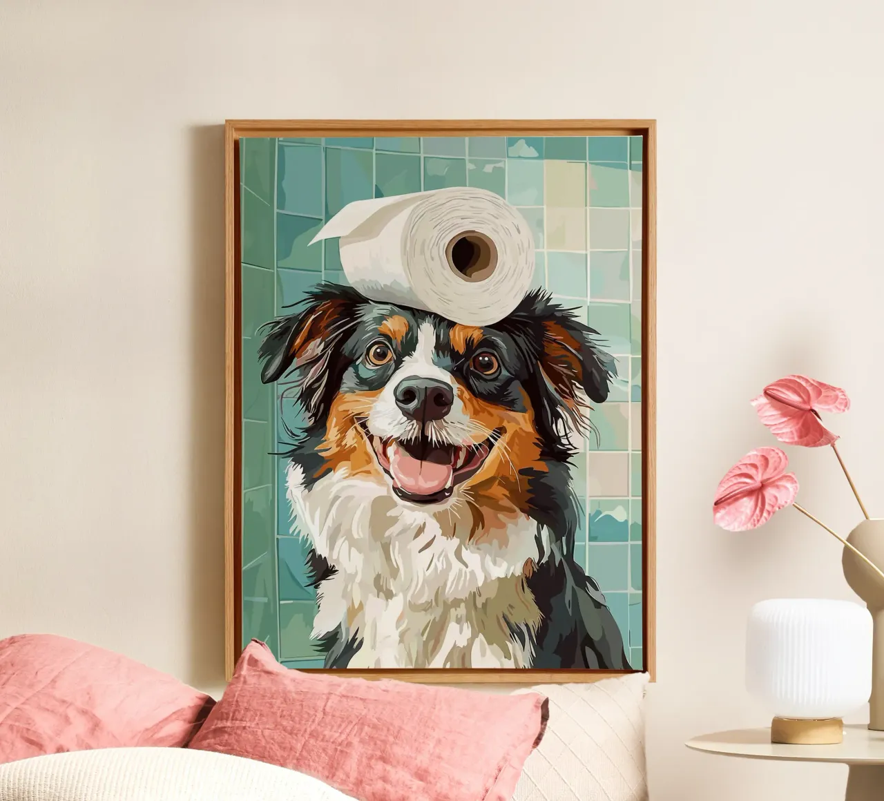 Cane con carta igienica in testa tela con Cornice a cassetta da Lisa Becker