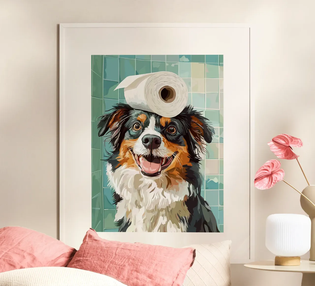 Cane con carta igienica in testa poster da Lisa Becker