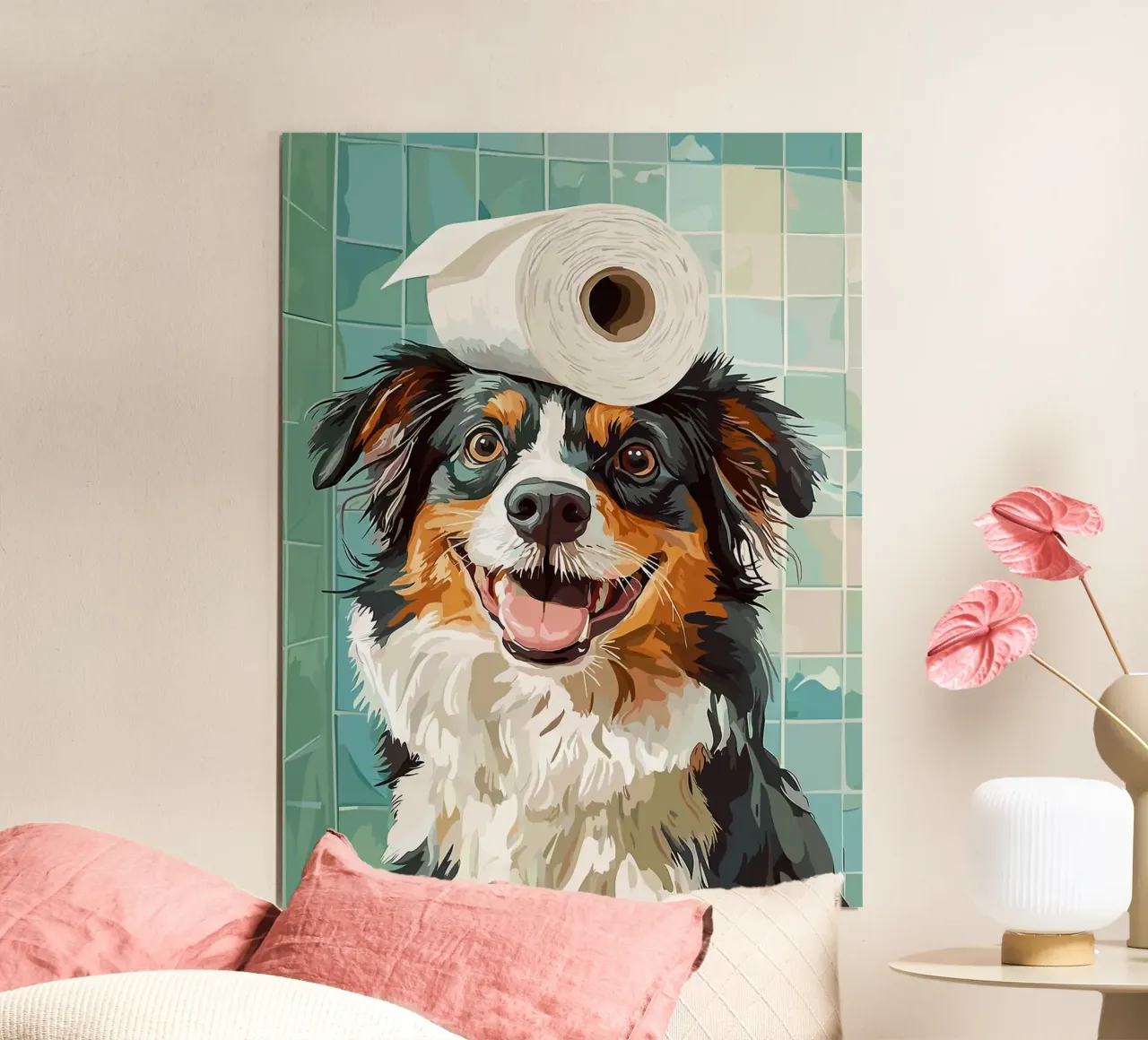 Cane con carta igienica in testa poster da Lisa Becker