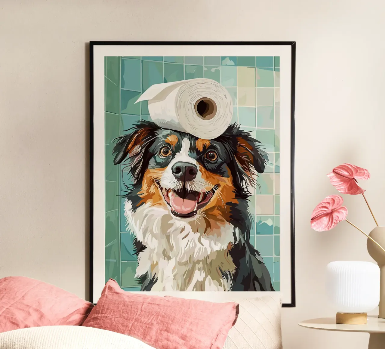 Cane con carta igienica in testa poster da Lisa Becker