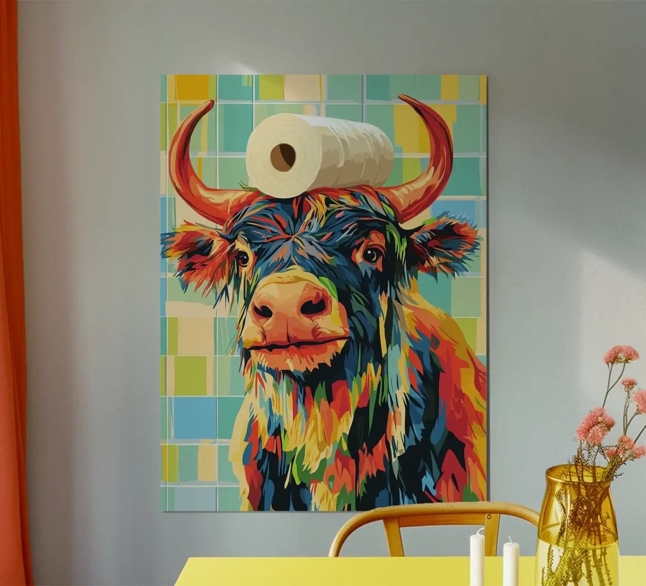 Kleurrijke koe met wc-hoed poster van Lisa Becker
