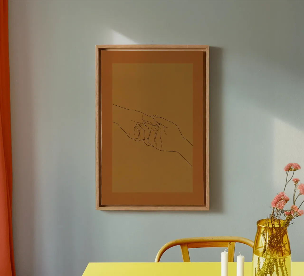 Drawing of Intertwined Hands on Brown Background canvas with Floater frame by DesignDoodle