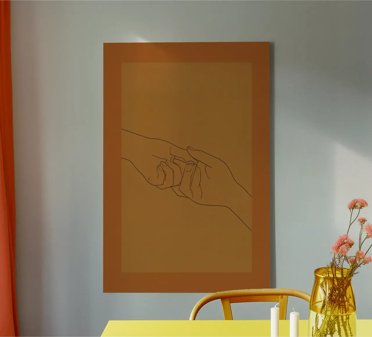 Drawing of Intertwined Hands on Brown Background canvas with Floater frame by DesignDoodle