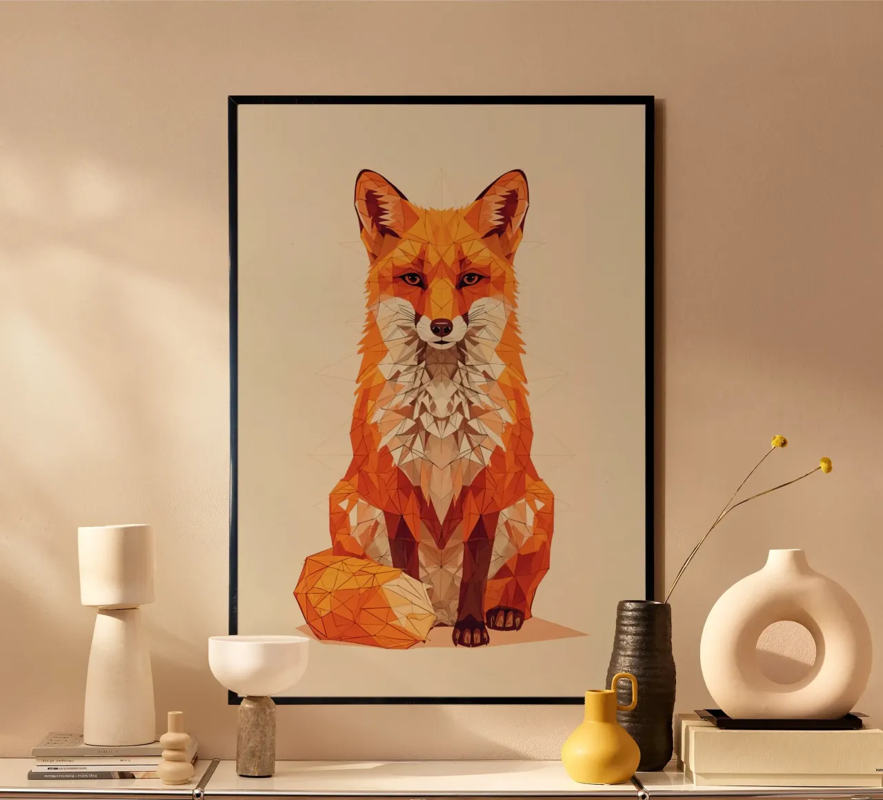 Illustrazione geometrica di una volpe con design poligonale poster con telaio in plastica da DesignDoodle