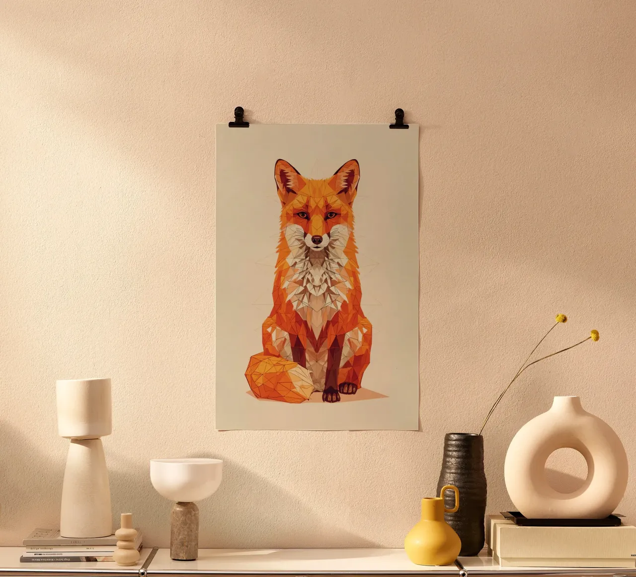 Illustrazione geometrica di una volpe con design poligonale poster con telaio in plastica da DesignDoodle