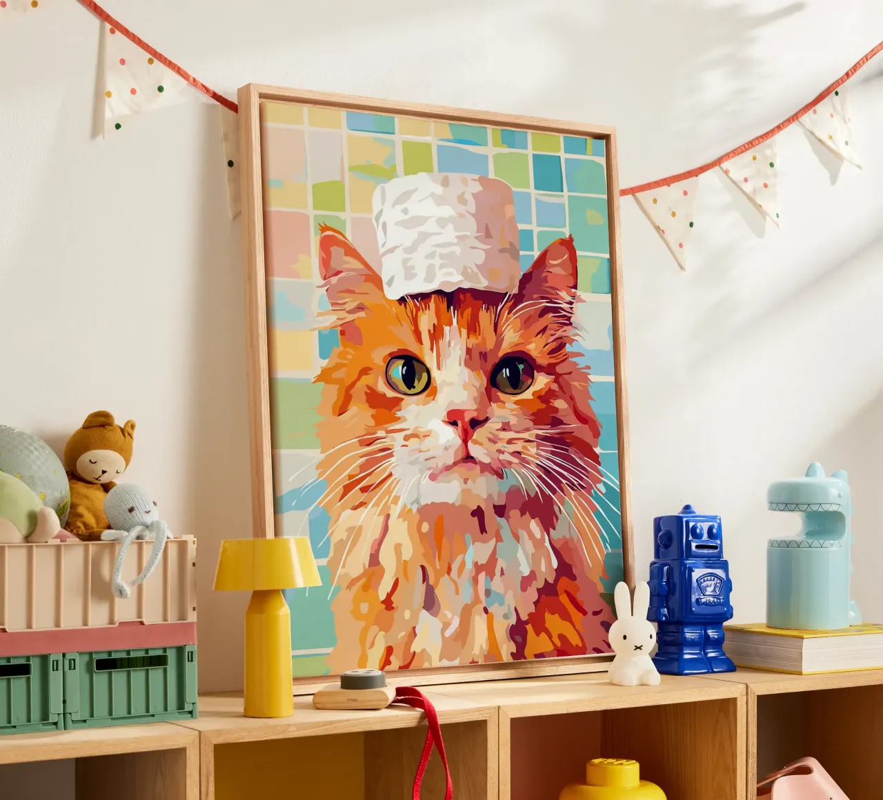 Kat met wc-hoed canvas met Baklijst van Leon Franke