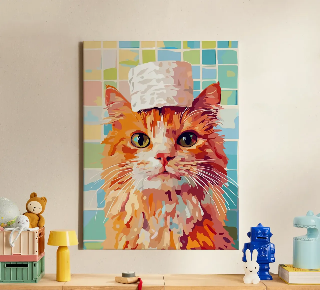 Kat met wc-hoed canvas met Baklijst van Leon Franke