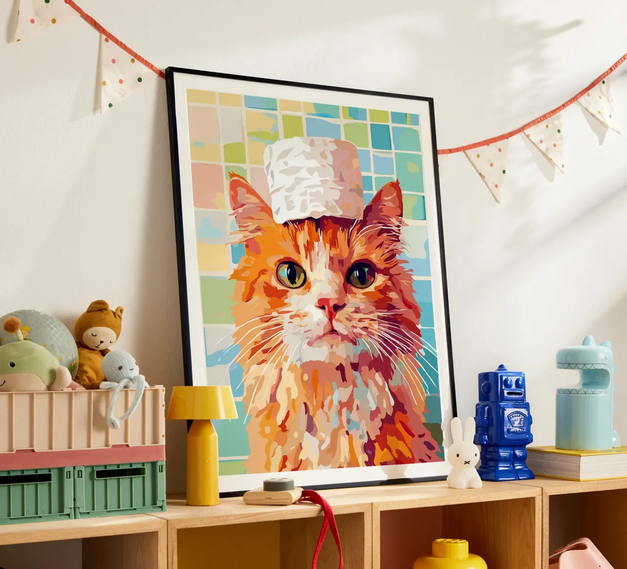 Gatto con cappello di carta igienica poster da Leon Franke