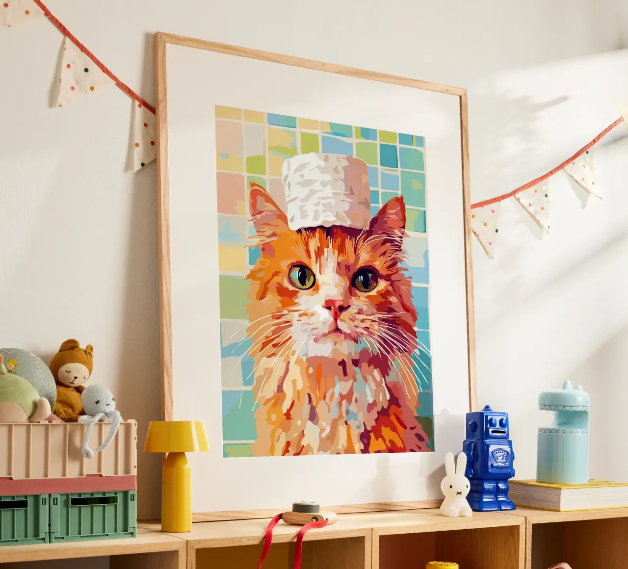 Gatto con cappello di carta igienica poster da Leon Franke