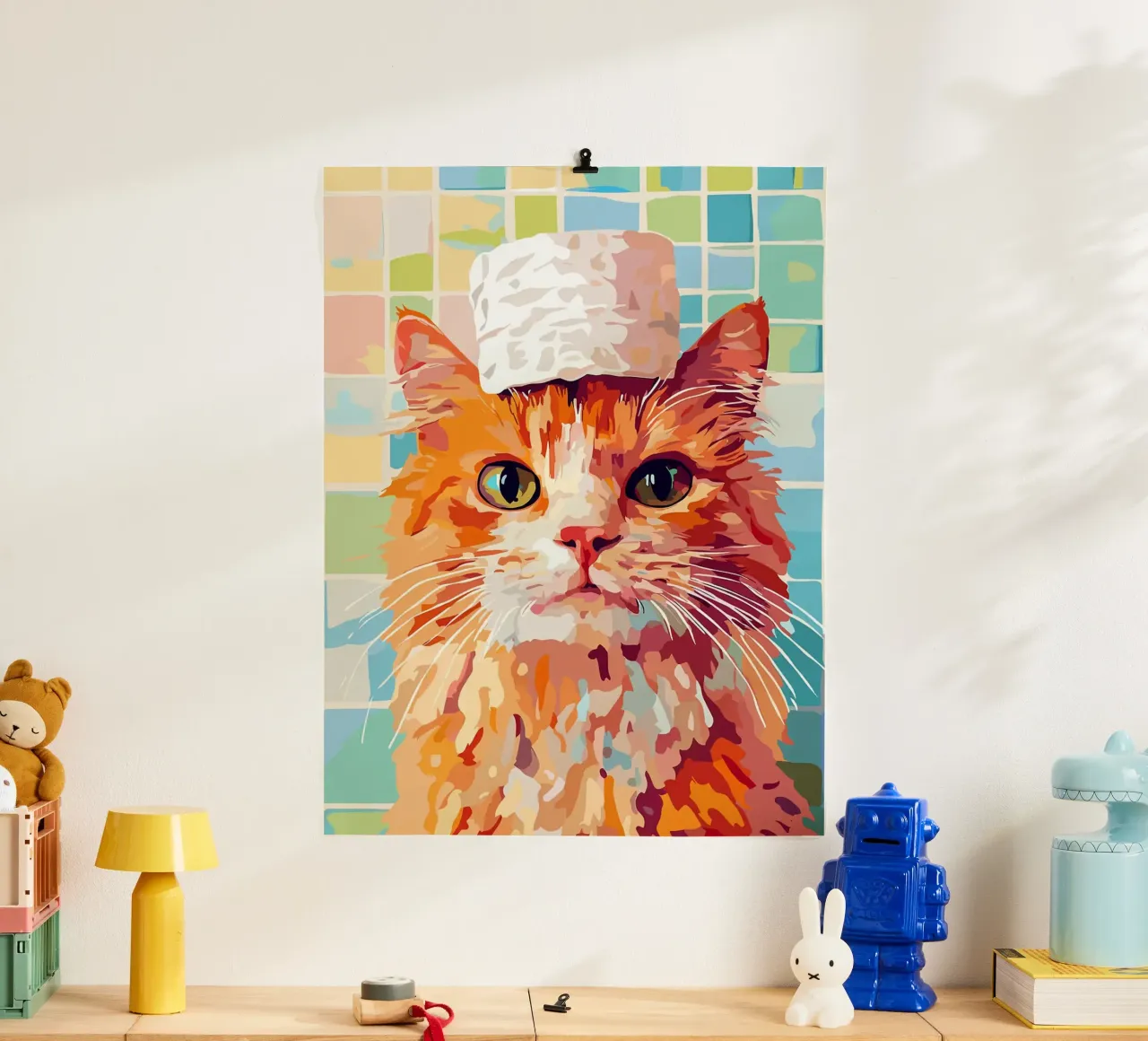 Gatto con cappello di carta igienica poster da Leon Franke