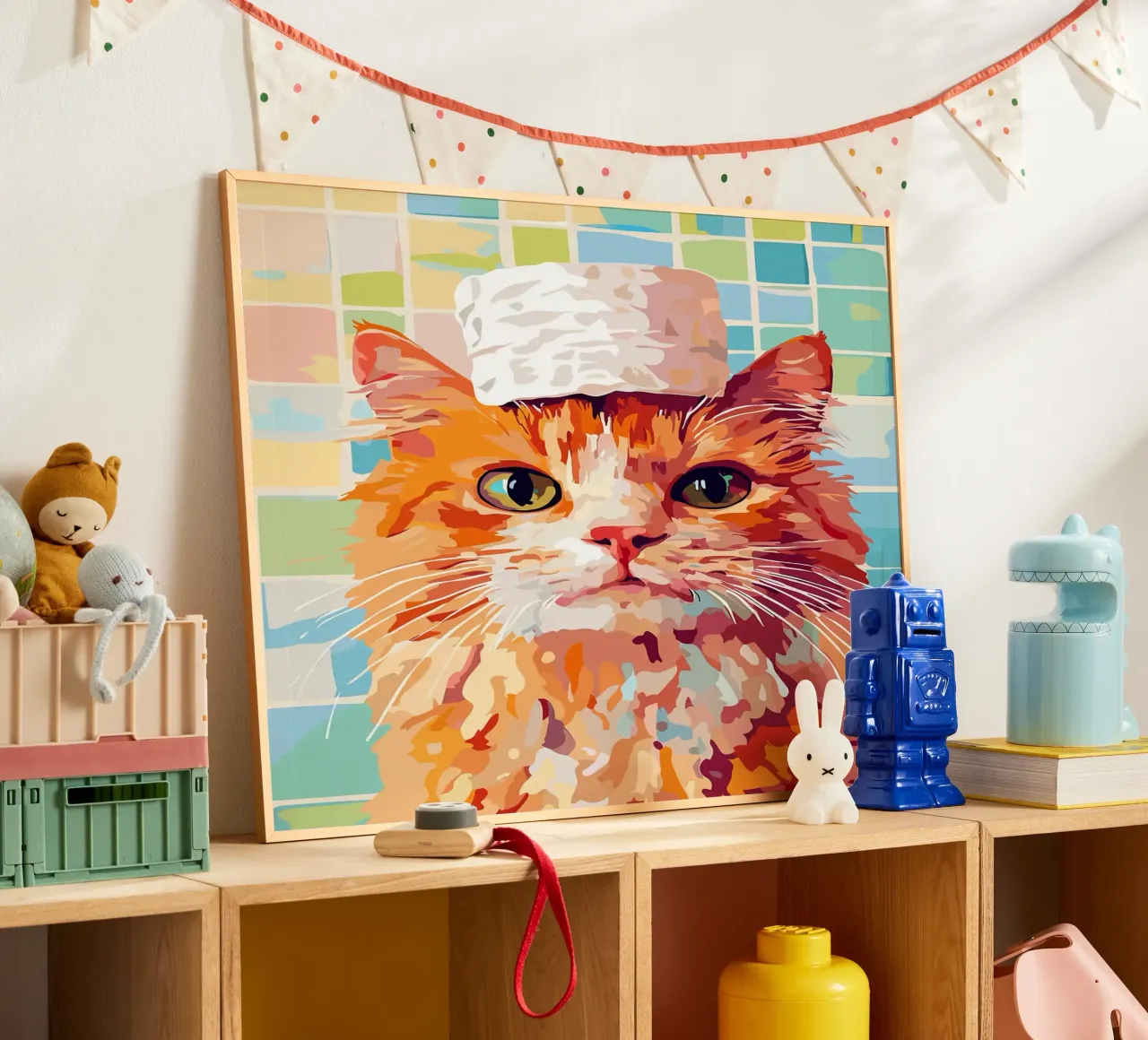 Gatto con cappello di carta igienica poster da Leon Franke
