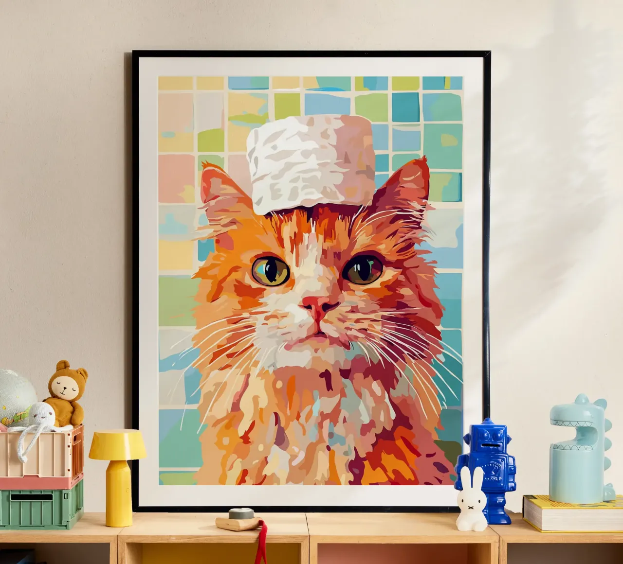 Gatto con cappello di carta igienica poster da Leon Franke