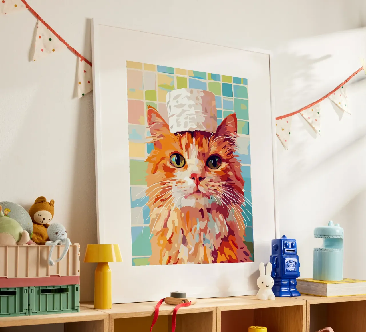 Gatto con cappello di carta igienica poster da Leon Franke
