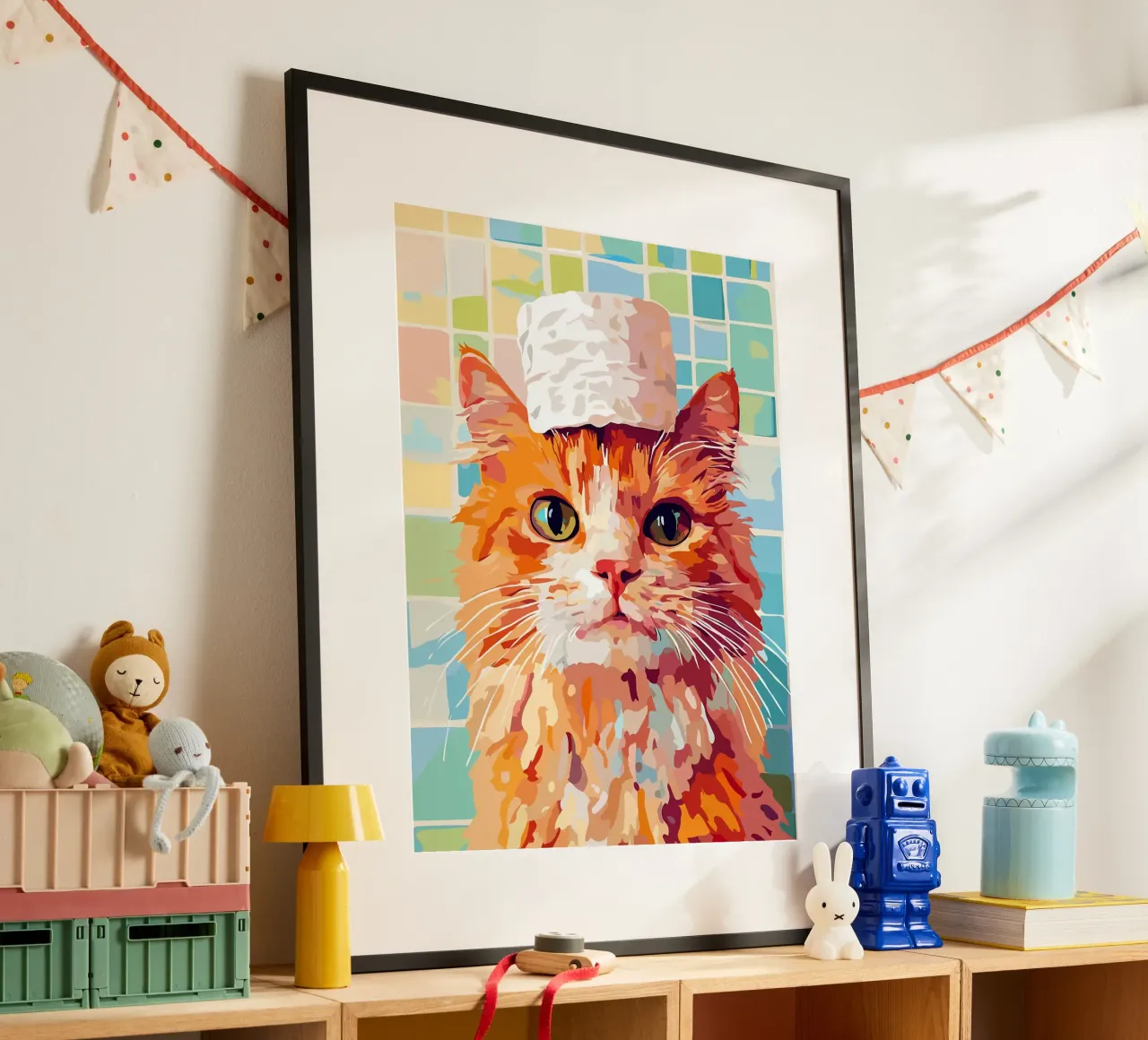 Gatto con cappello di carta igienica poster da Leon Franke
