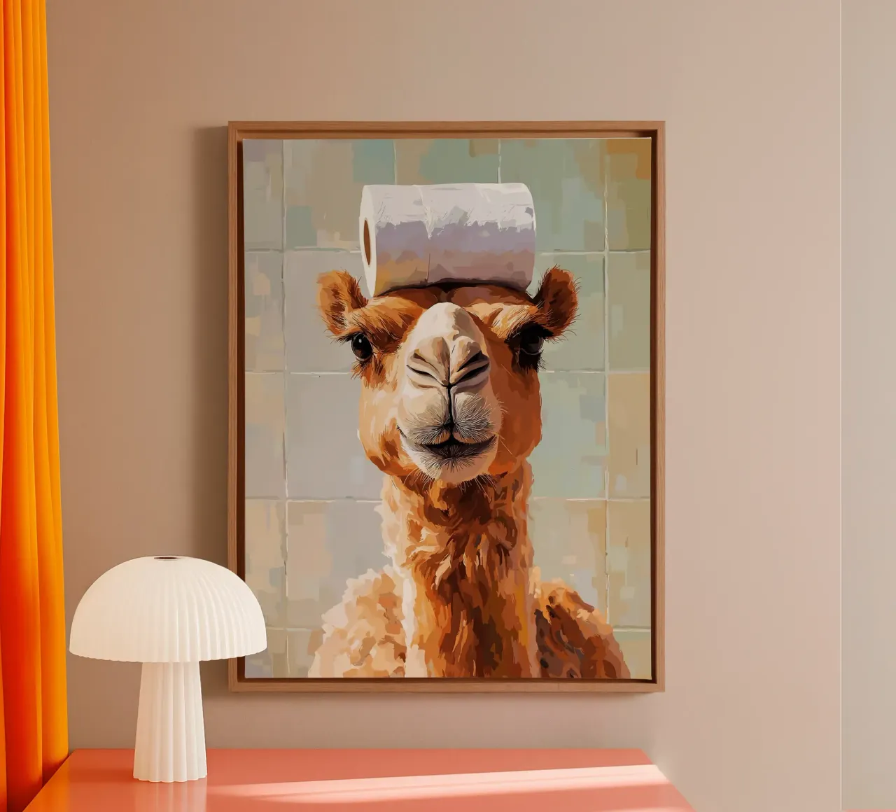 Camel with Toilet Paper on Head canvas with Floater frame by Leon Franke