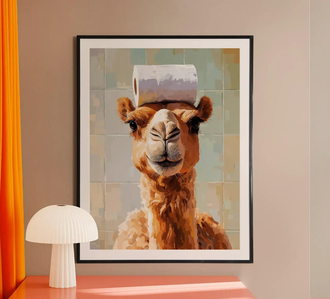 Cammello con carta igienica in testa poster con telaio in alluminio da Leon Franke