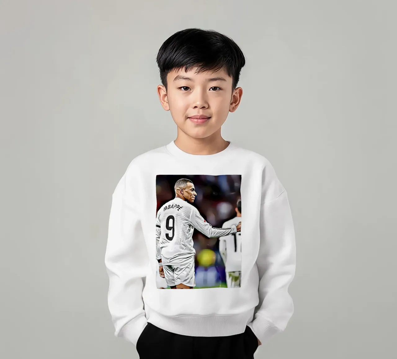Illustrazione di un giocatore di calcio con la maglia bianca numero 9 felpa bambino da dark eagle