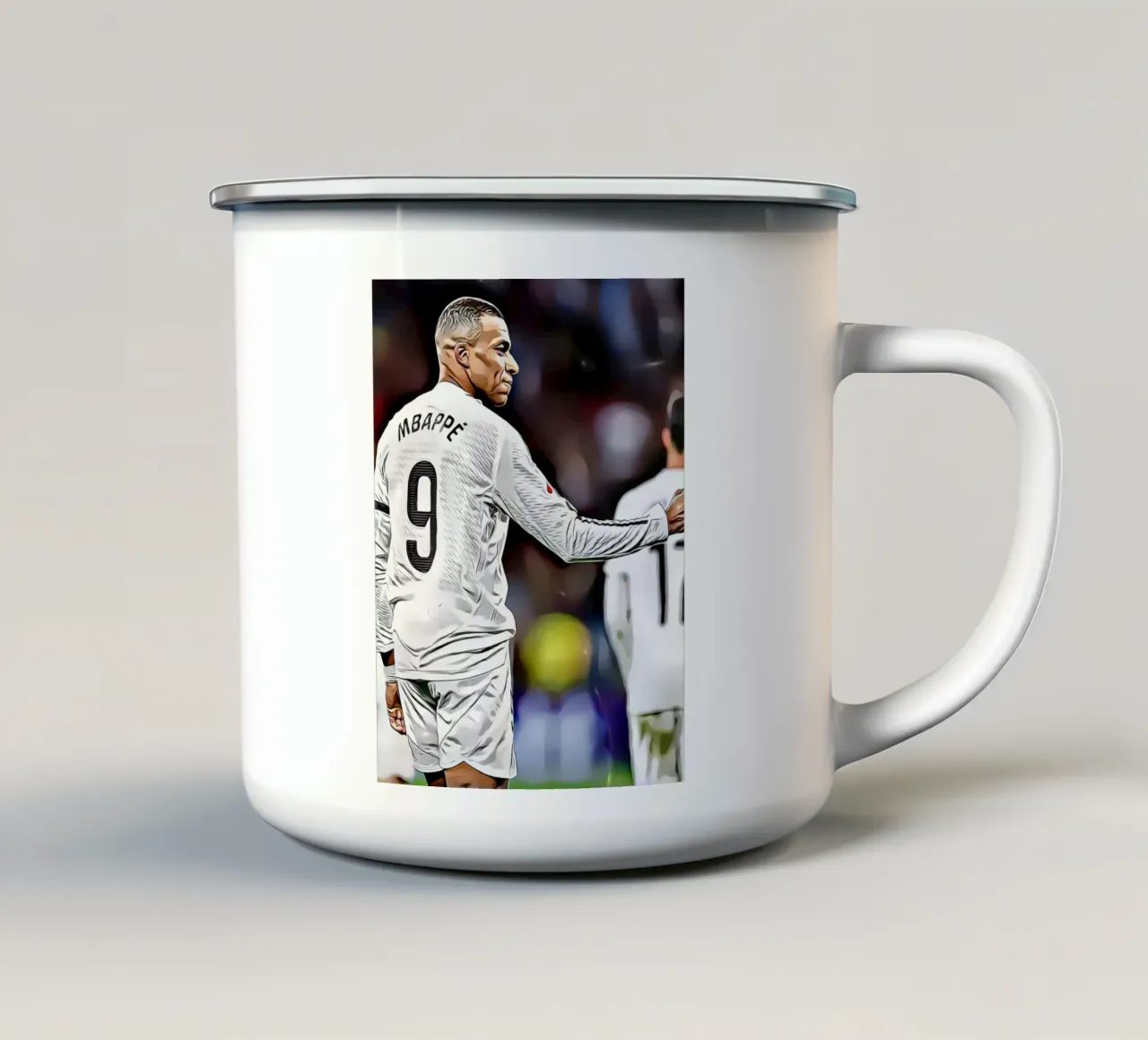 Illustrazione di un giocatore di calcio con la maglia bianca numero 9 tazza in smalto da dark eagle