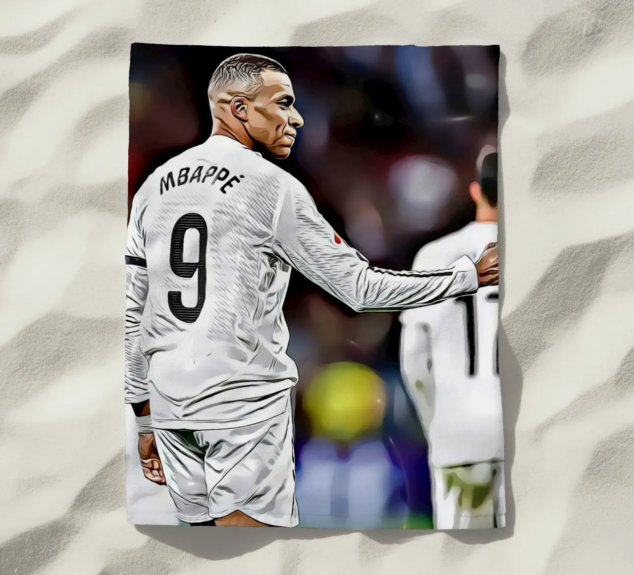 Illustrazione di un giocatore di calcio con la maglia bianca numero 9 telo mare da dark eagle