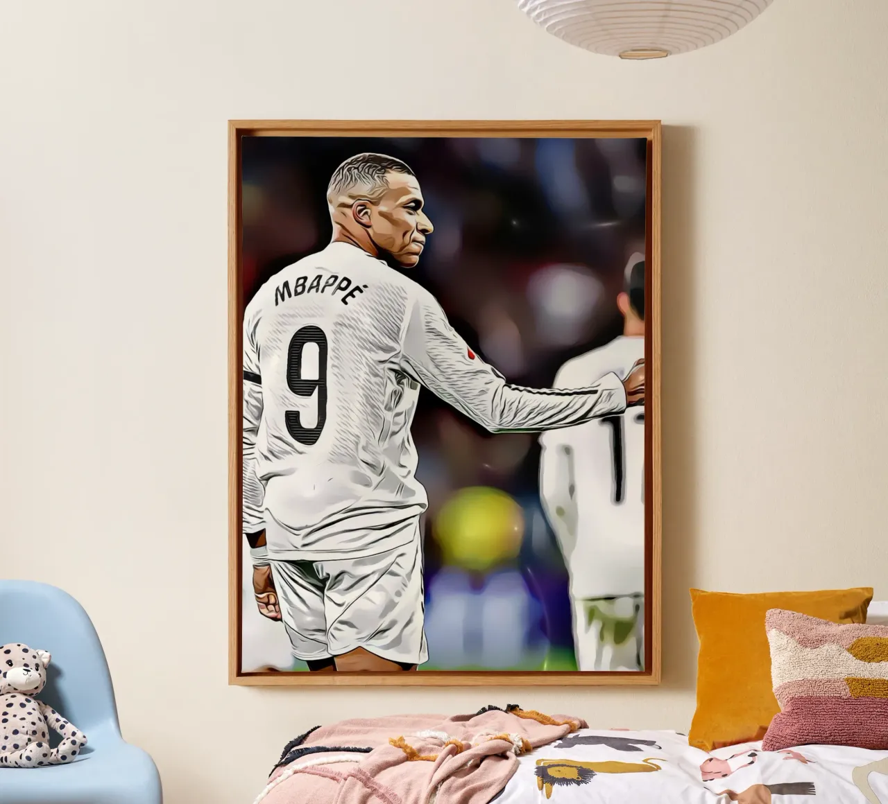 Illustrazione di un giocatore di calcio con la maglia bianca numero 9 tela con Cornice a cassetta da dark eagle
