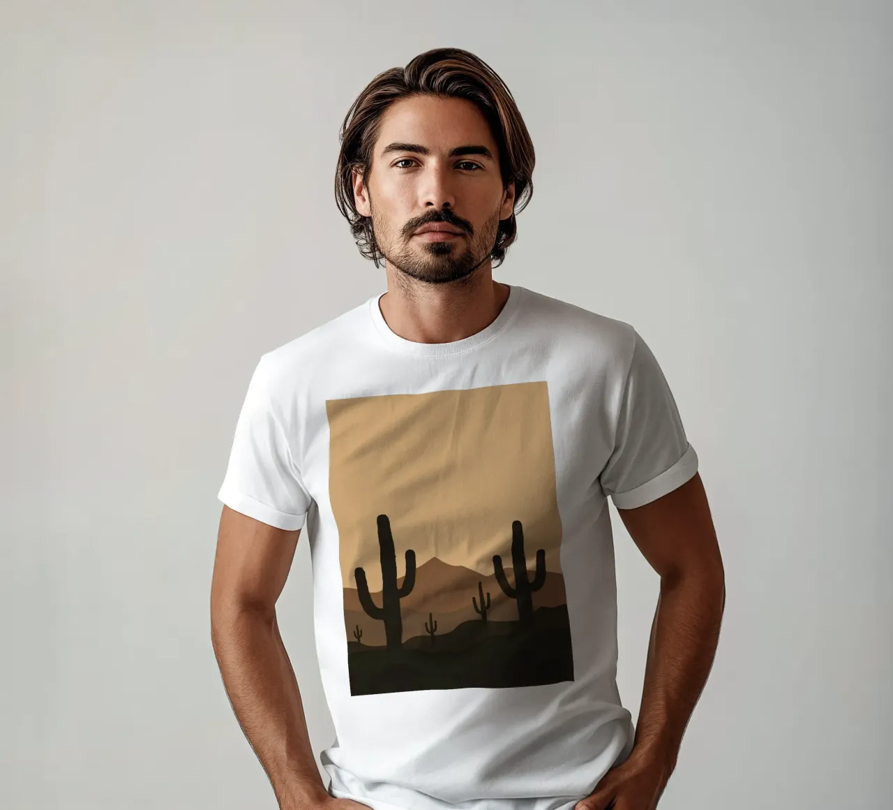 Paesaggio desertico monocromatico con sagome di cactus t-shirt da DesignDoodle