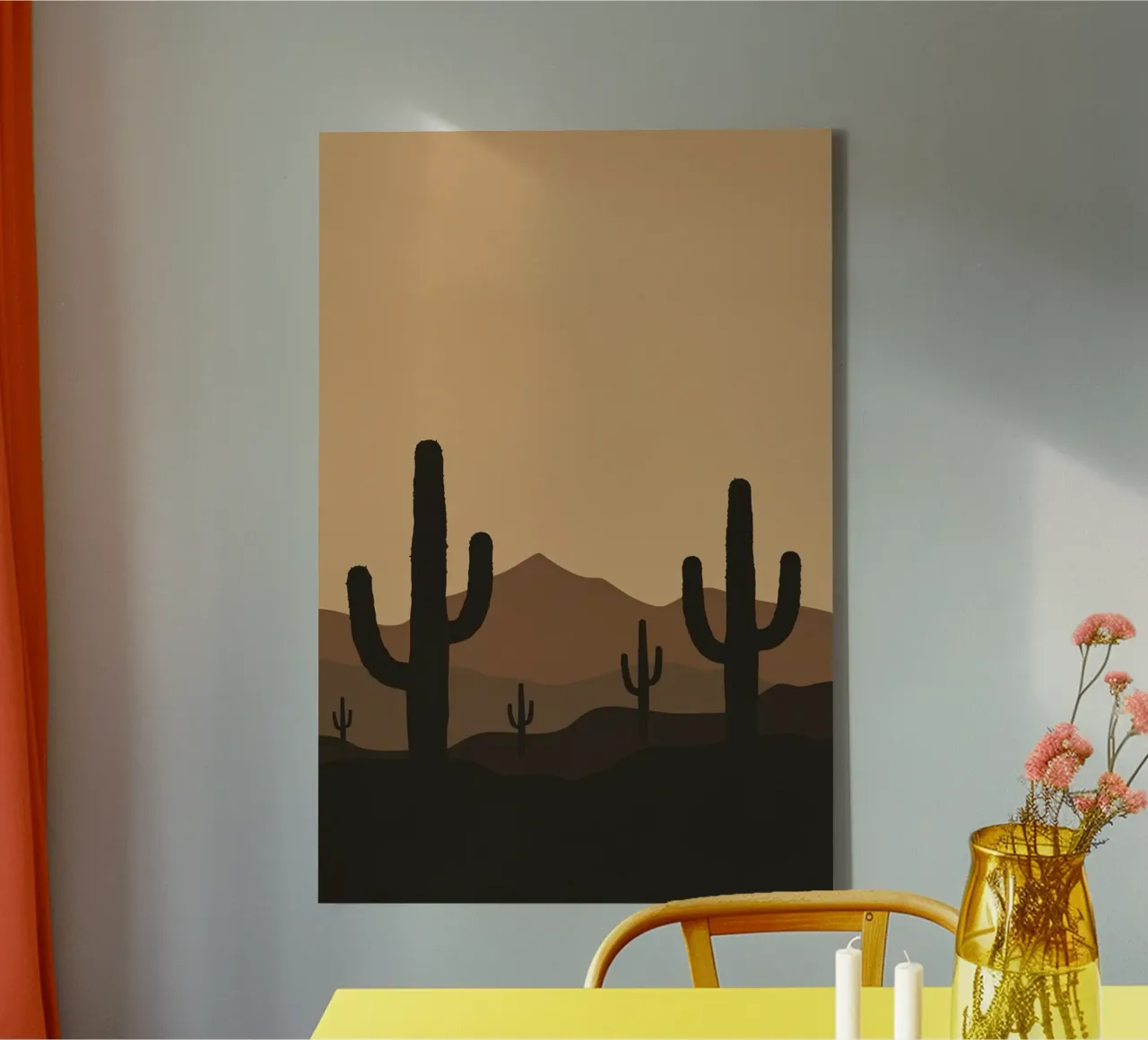 Paesaggio desertico monocromatico con sagome di cactus tela con Cornice a cassetta da DesignDoodle