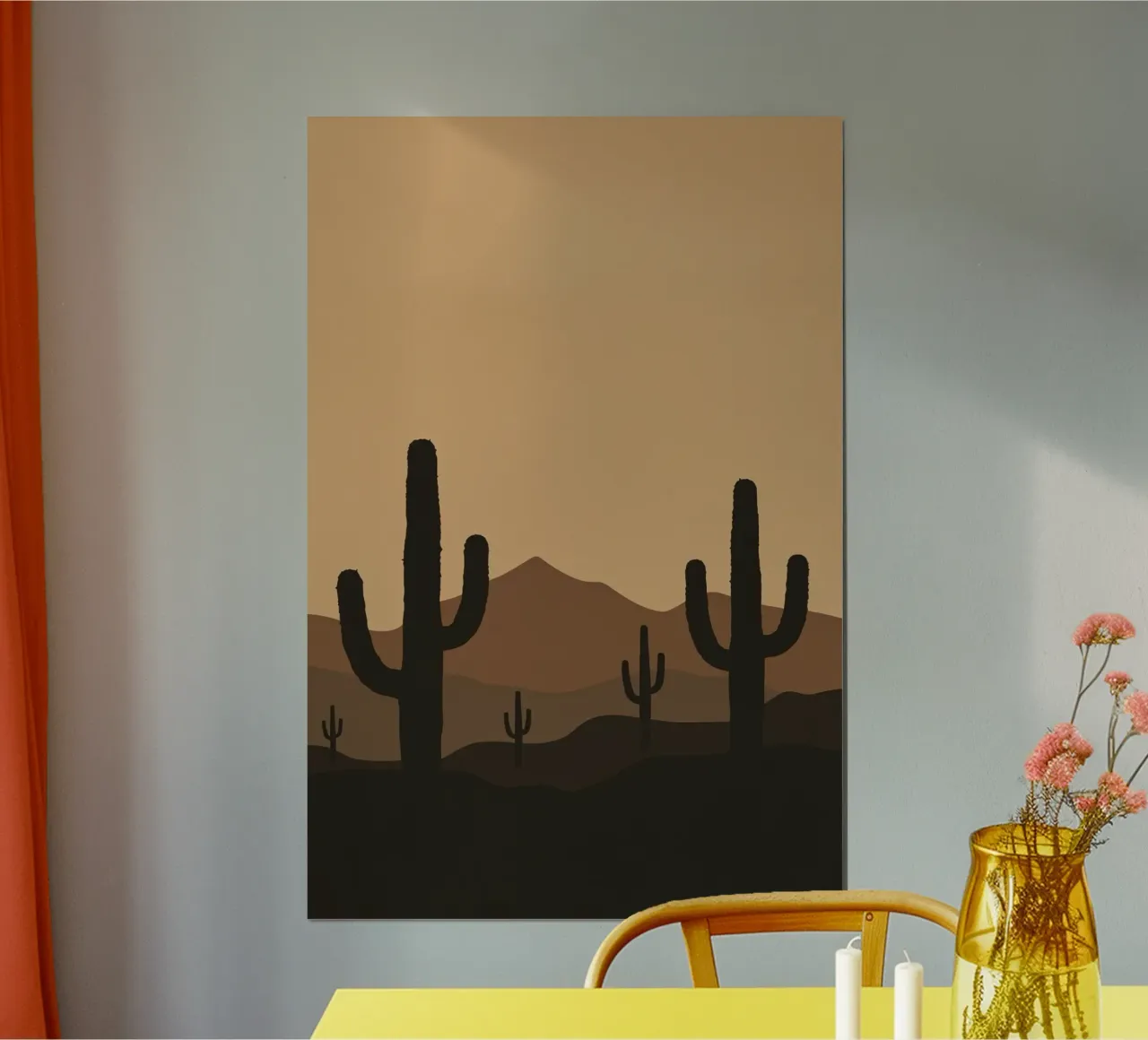 Paesaggio desertico monocromatico con sagome di cactus poster con telaio in plastica da DesignDoodle
