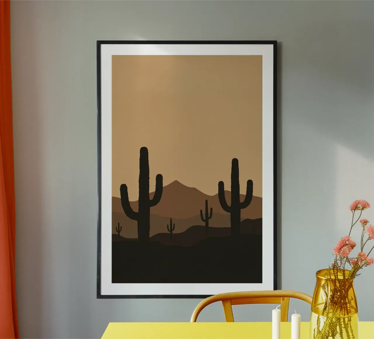 Paesaggio desertico monocromatico con sagome di cactus poster con telaio in plastica da DesignDoodle
