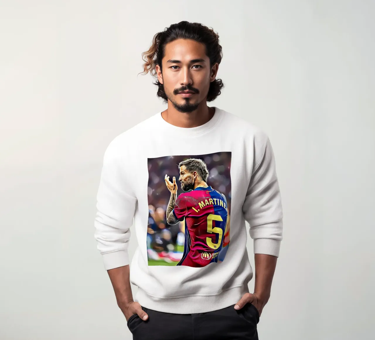 Illustrazione di un giocatore di calcio in maglia rossa e blu numero 5 felpa da dark eagle