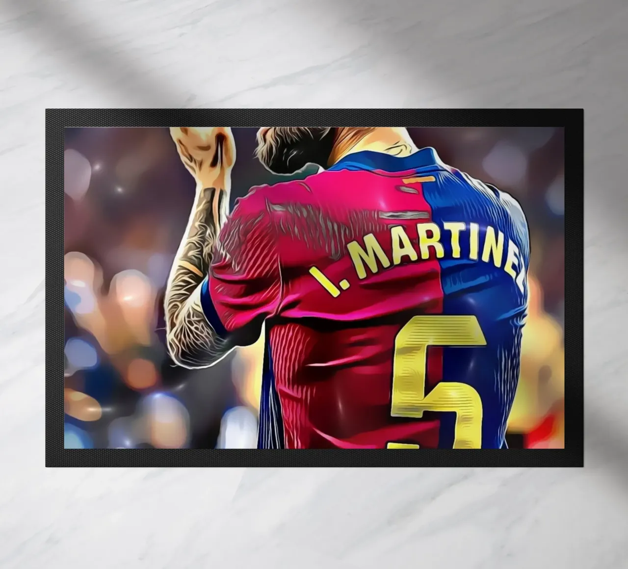 Illustrazione di un giocatore di calcio in maglia rossa e blu numero 5 zerbino da dark eagle