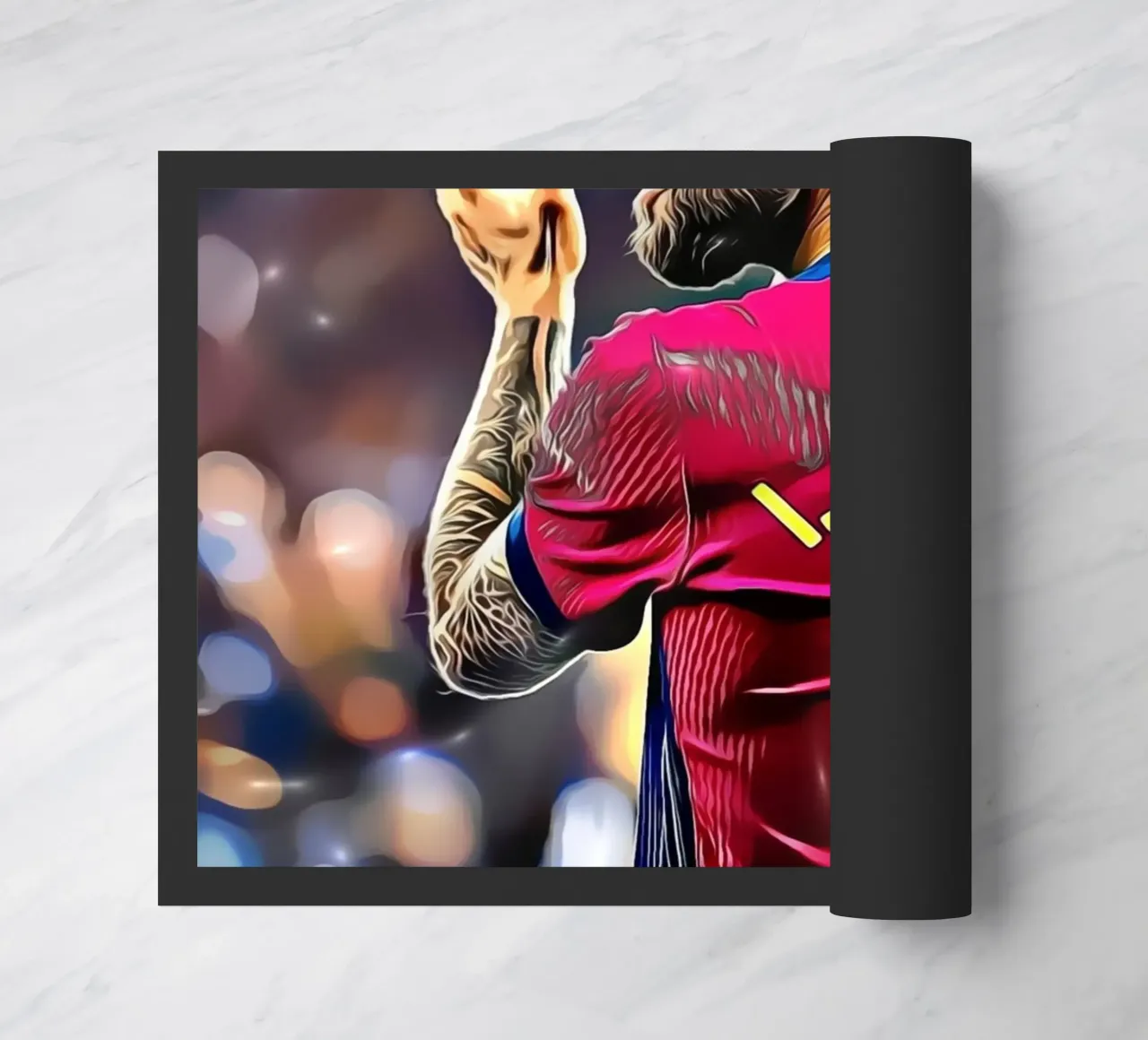 Illustrazione di un giocatore di calcio in maglia rossa e blu numero 5 zerbino da dark eagle