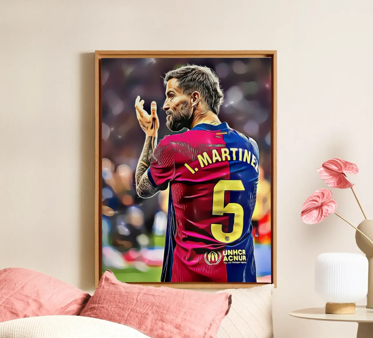 Illustrazione di un giocatore di calcio in maglia rossa e blu numero 5 tela con Cornice a cassetta da dark eagle