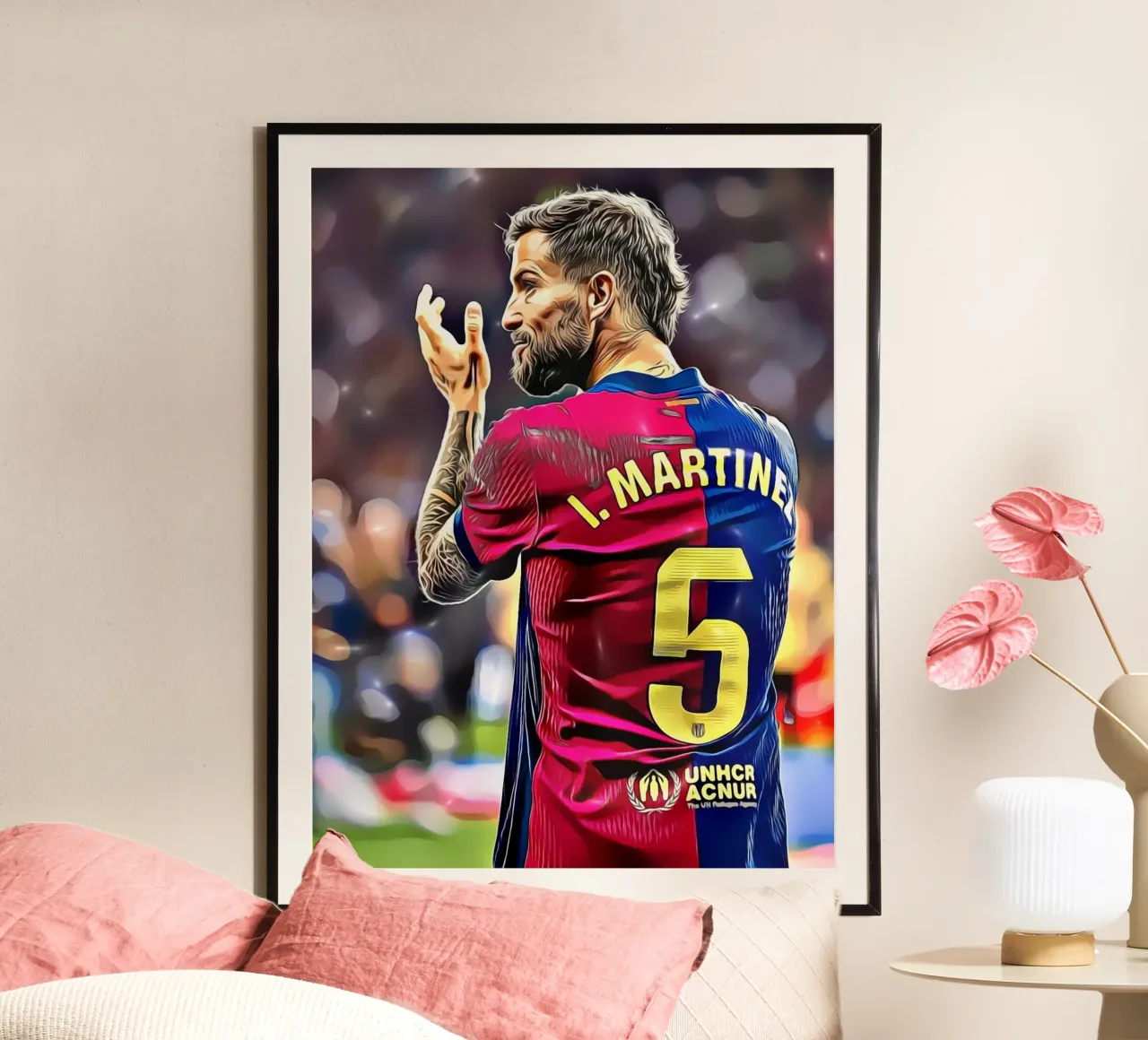Illustrazione di un giocatore di calcio in maglia rossa e blu numero 5 poster da dark eagle