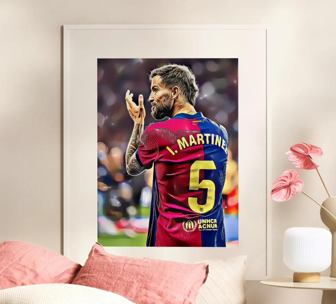 Illustrazione di un giocatore di calcio in maglia rossa e blu numero 5 poster da dark eagle