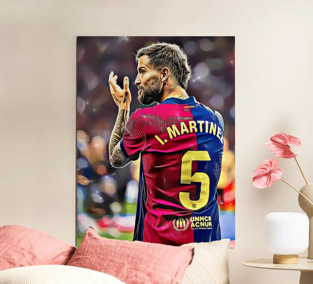 Illustrazione di un giocatore di calcio in maglia rossa e blu numero 5 poster da dark eagle