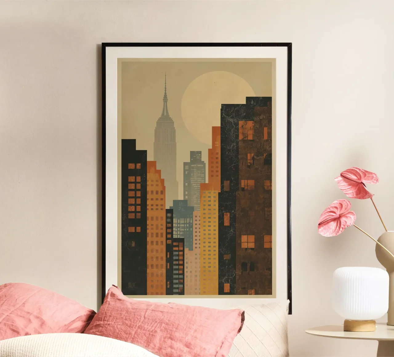 Illustrazione dello skyline della città di New York con l'Empire State Buildin poster con telaio in alluminio da DesignDoodle