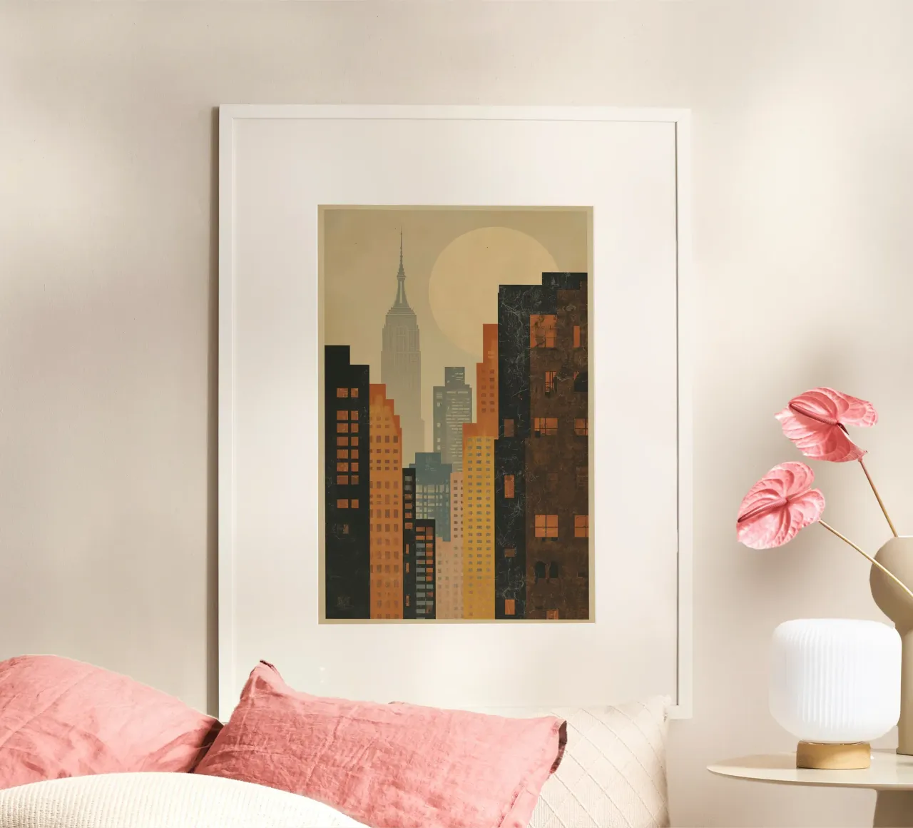 Illustrazione dello skyline della città di New York con l'Empire State Buildin poster con telaio in alluminio da DesignDoodle