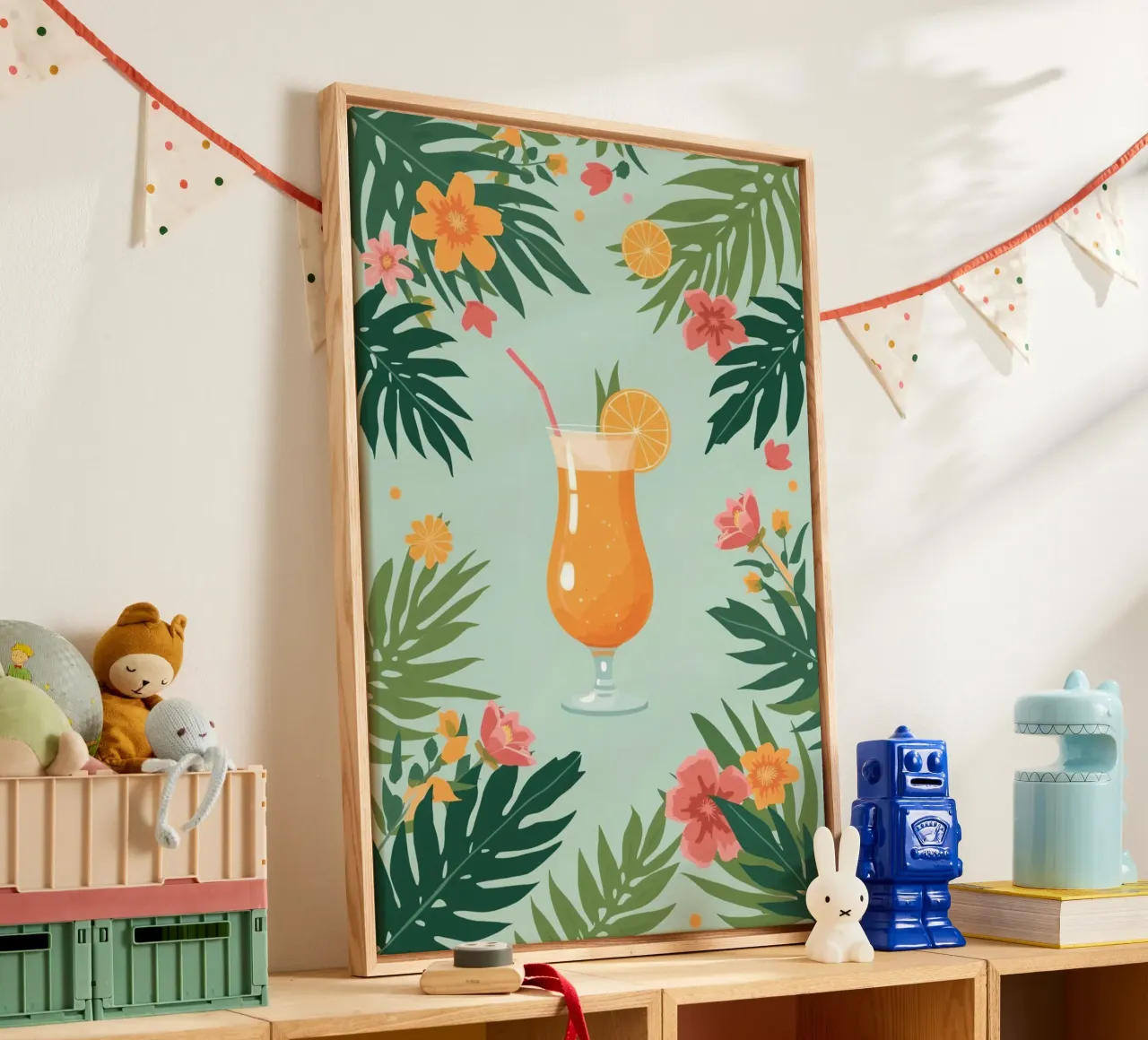 Bevanda all'arancia in bicchiere con fiori e foglie illustrazione tela con Cornice a cassetta da DesignDoodle