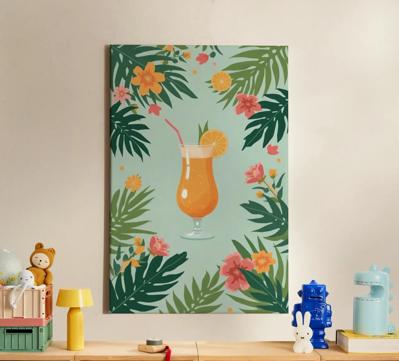 Bevanda all'arancia in bicchiere con fiori e foglie illustrazione tela con Cornice a cassetta da DesignDoodle