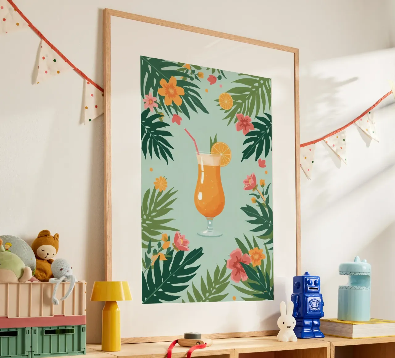 Bevanda all'arancia in bicchiere con fiori e foglie illustrazione poster con telaio in plastica da DesignDoodle